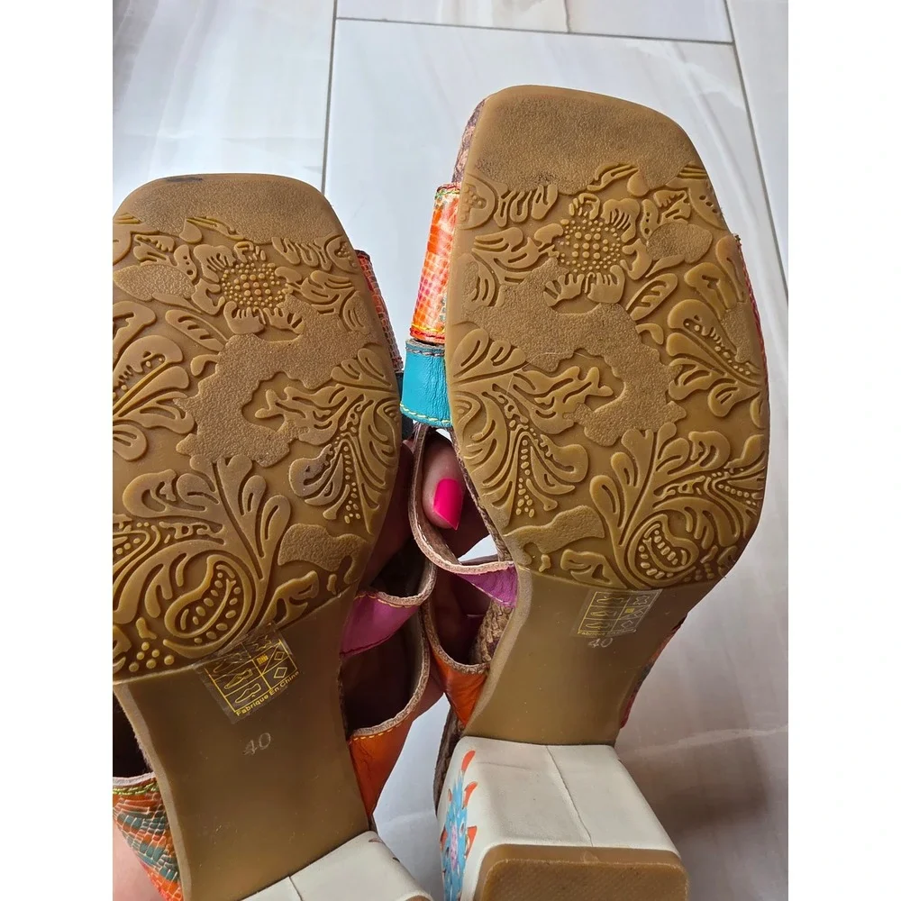Spring‎ Step LArtiste Leather Floral Slide Sandals Block Heel Women size 40 F1